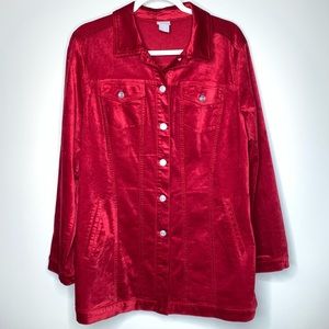 Chico’s Red Velveteen Elongated Button-Down Jacket